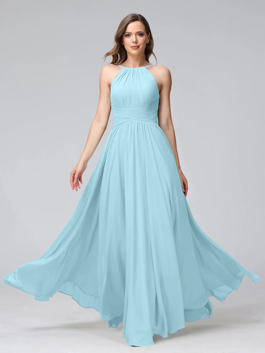 A-Line/Princess Halter Sleeveless Floor-Length Bridemaid Dresses with Ruffles - Image 49