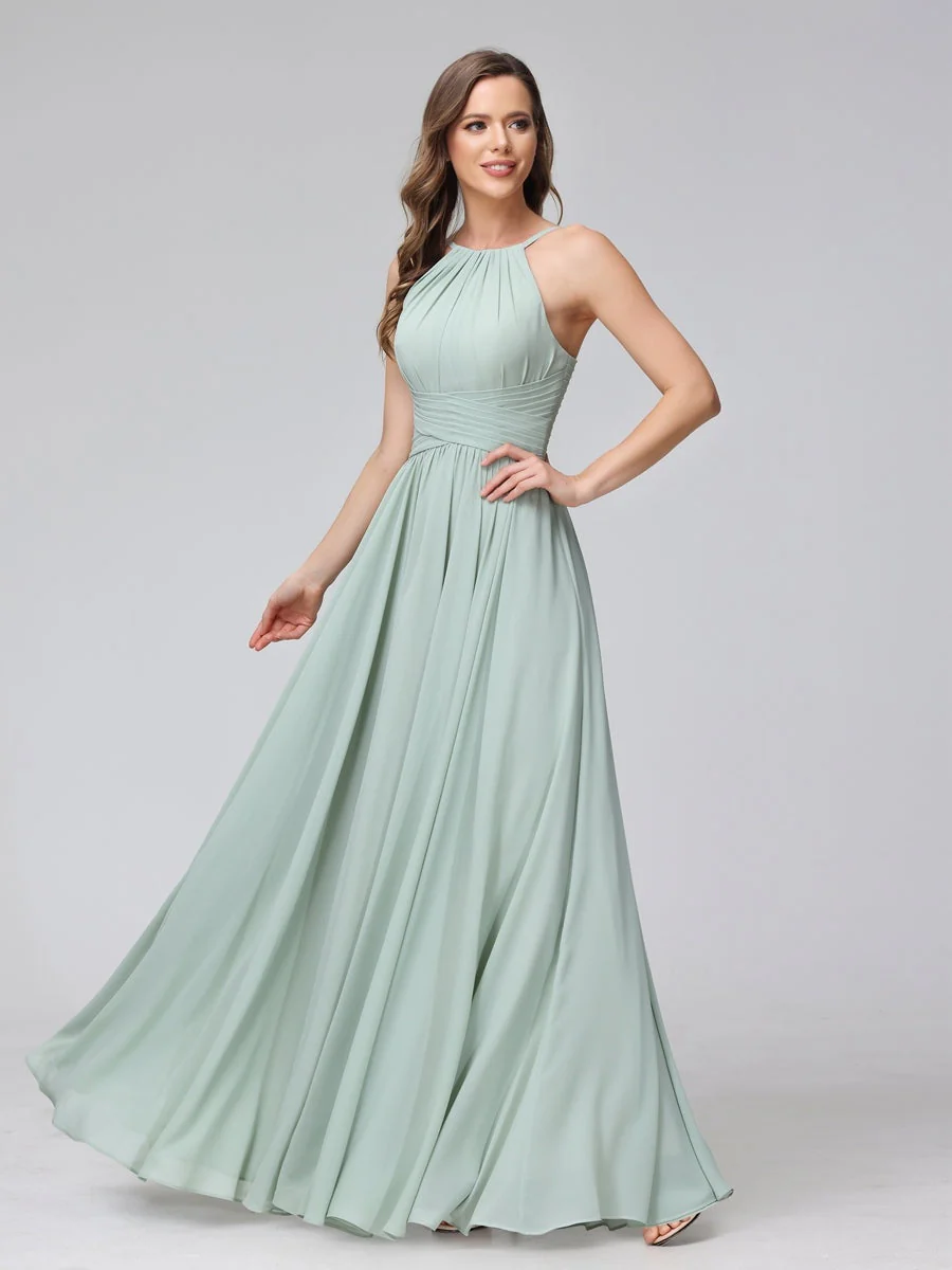 A-Line/Princess Halter Sleeveless Floor-Length Bridemaid Dresses with Ruffles - Image 5