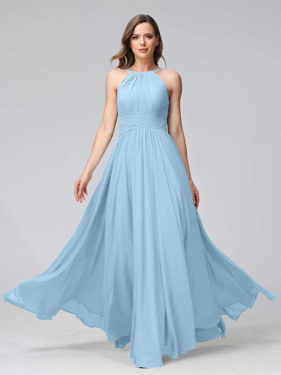 A-Line/Princess Halter Sleeveless Floor-Length Bridemaid Dresses with Ruffles - Image 50