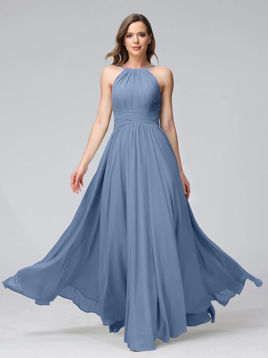 A-Line/Princess Halter Sleeveless Floor-Length Bridemaid Dresses with Ruffles - Image 51