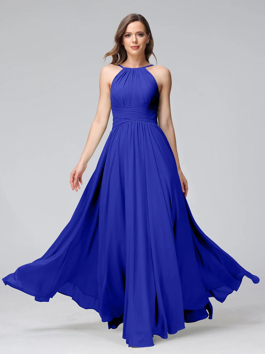 A-Line/Princess Halter Sleeveless Floor-Length Bridemaid Dresses with Ruffles - Image 55