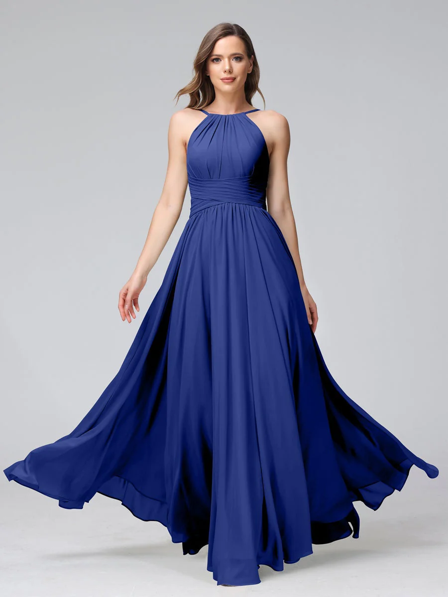 A-Line/Princess Halter Sleeveless Floor-Length Bridemaid Dresses with Ruffles - Image 56