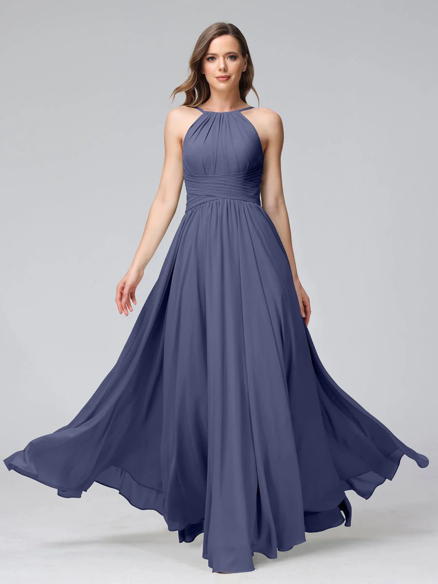 A-Line/Princess Halter Sleeveless Floor-Length Bridemaid Dresses with Ruffles - Image 57