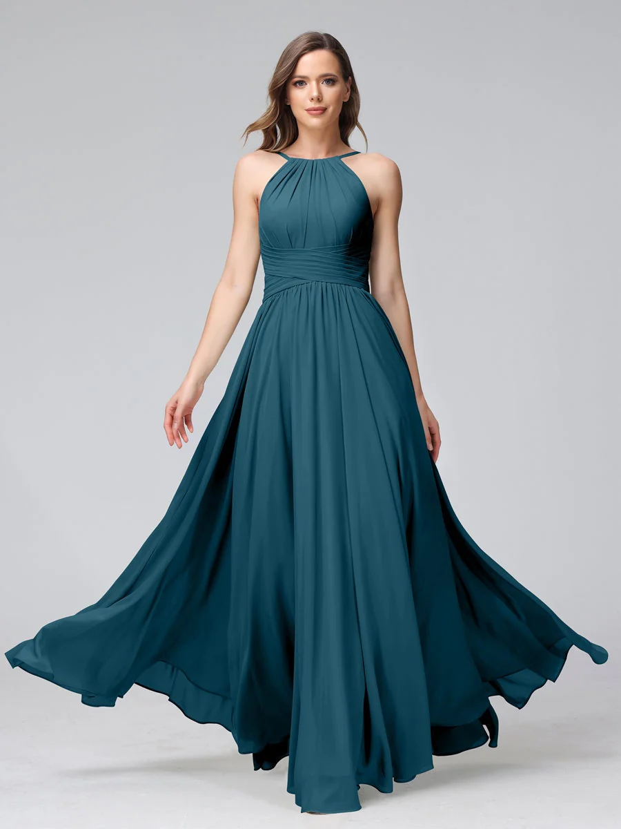 A-Line/Princess Halter Sleeveless Floor-Length Bridemaid Dresses with Ruffles - Image 58