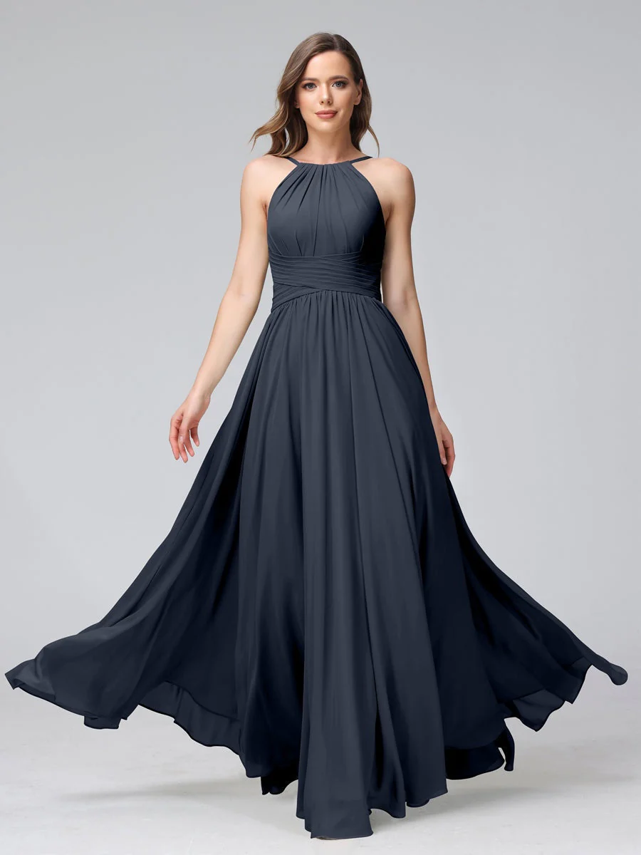 A-Line/Princess Halter Sleeveless Floor-Length Bridemaid Dresses with Ruffles - Image 59