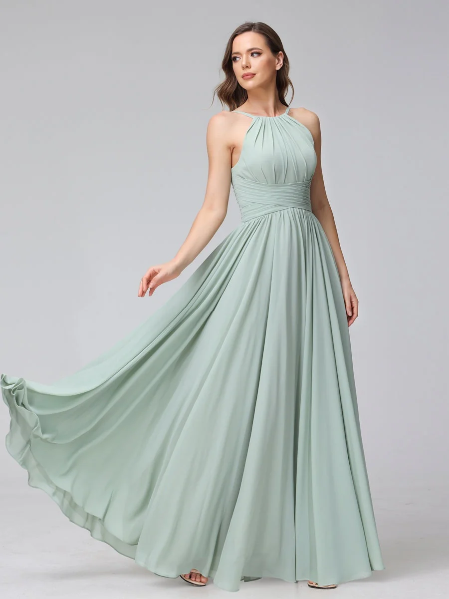 A-Line/Princess Halter Sleeveless Floor-Length Bridemaid Dresses with Ruffles - Image 6