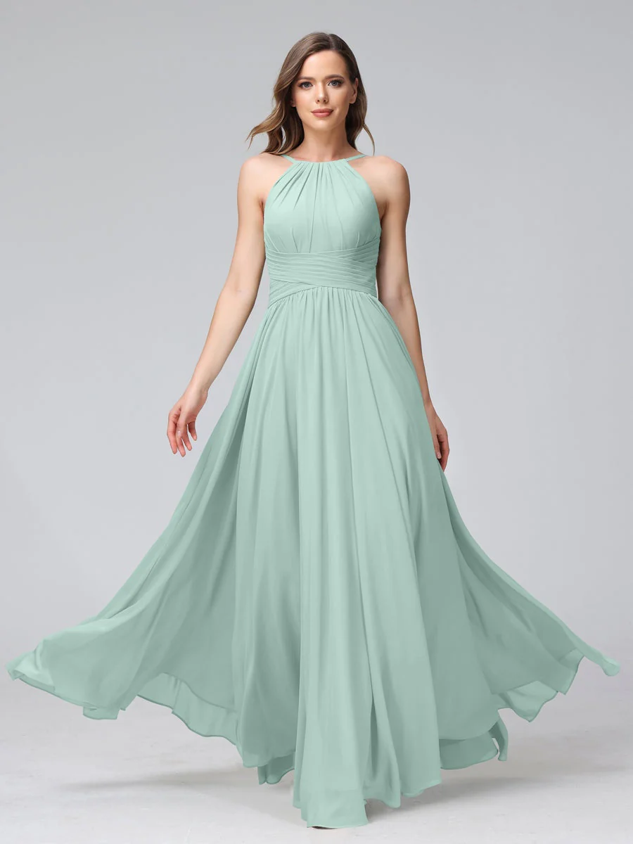A-Line/Princess Halter Sleeveless Floor-Length Bridemaid Dresses with Ruffles - Image 60