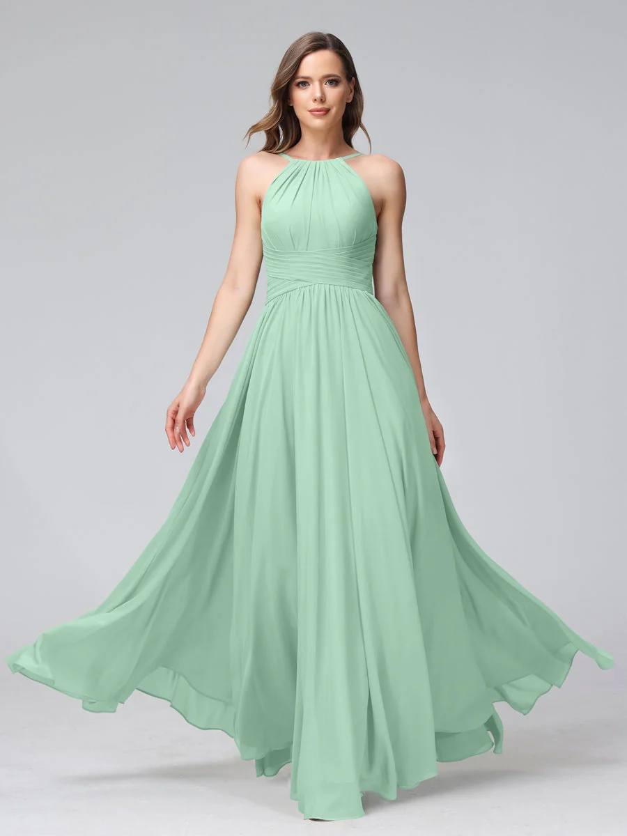 A-Line/Princess Halter Sleeveless Floor-Length Bridemaid Dresses with Ruffles - Image 61