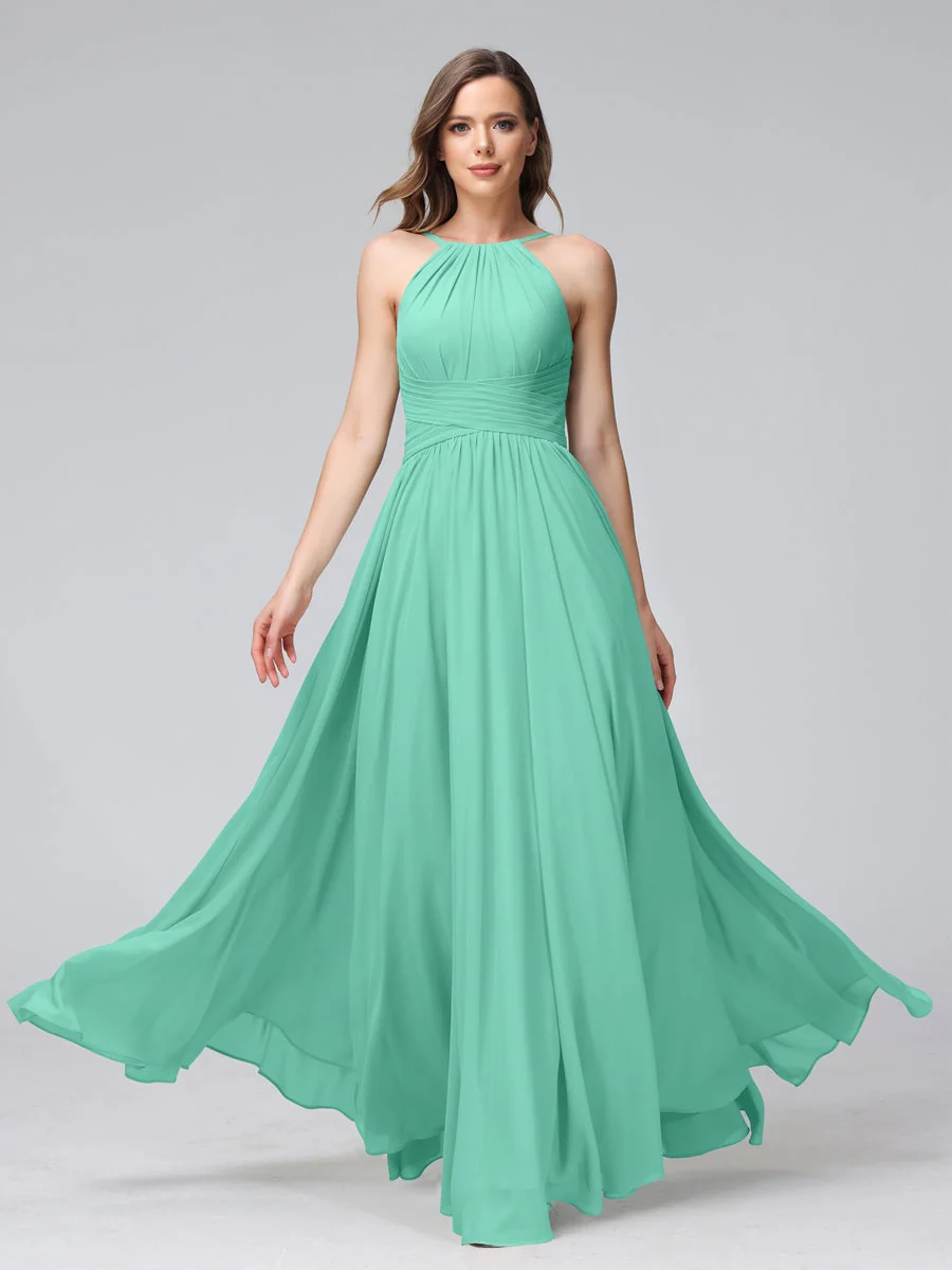A-Line/Princess Halter Sleeveless Floor-Length Bridemaid Dresses with Ruffles - Image 62