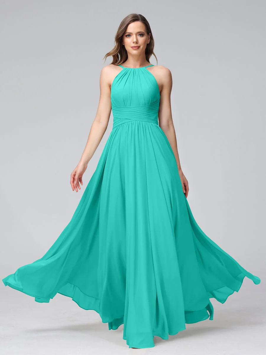 A-Line/Princess Halter Sleeveless Floor-Length Bridemaid Dresses with Ruffles - Image 63
