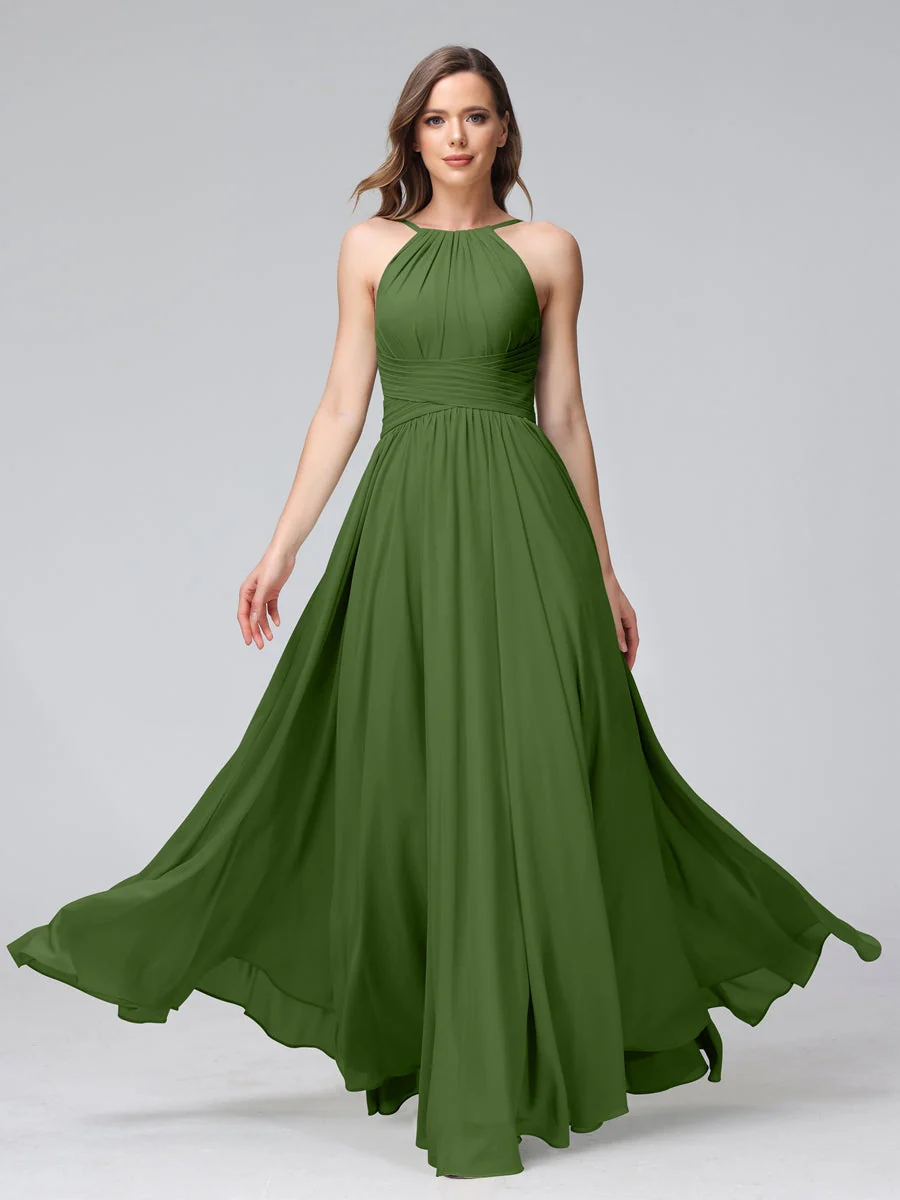 A-Line/Princess Halter Sleeveless Floor-Length Bridemaid Dresses with Ruffles - Image 65