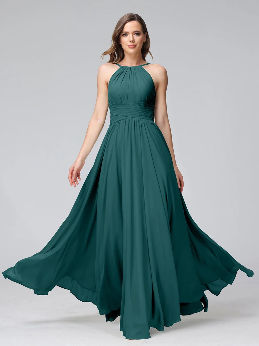 A-Line/Princess Halter Sleeveless Floor-Length Bridemaid Dresses with Ruffles - Image 66