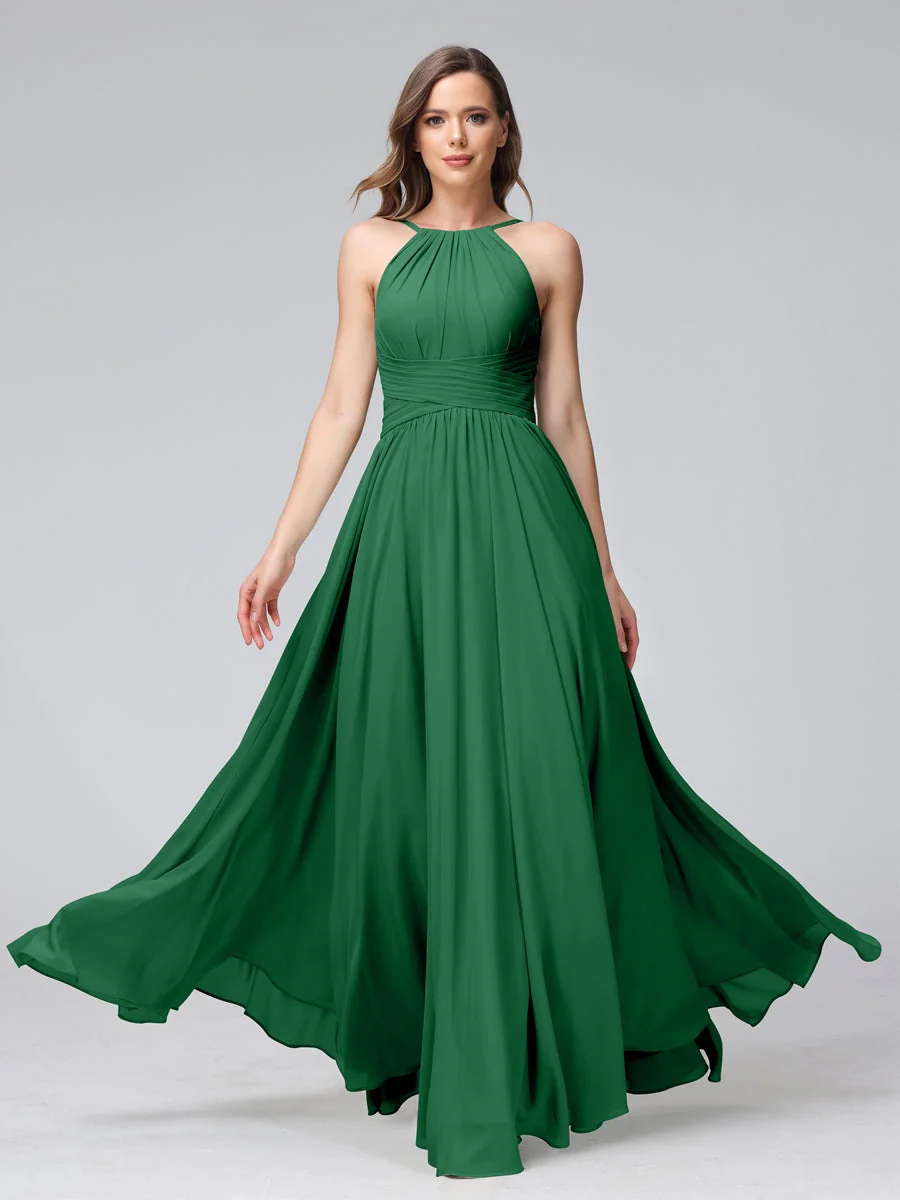 A-Line/Princess Halter Sleeveless Floor-Length Bridemaid Dresses with Ruffles - Image 67