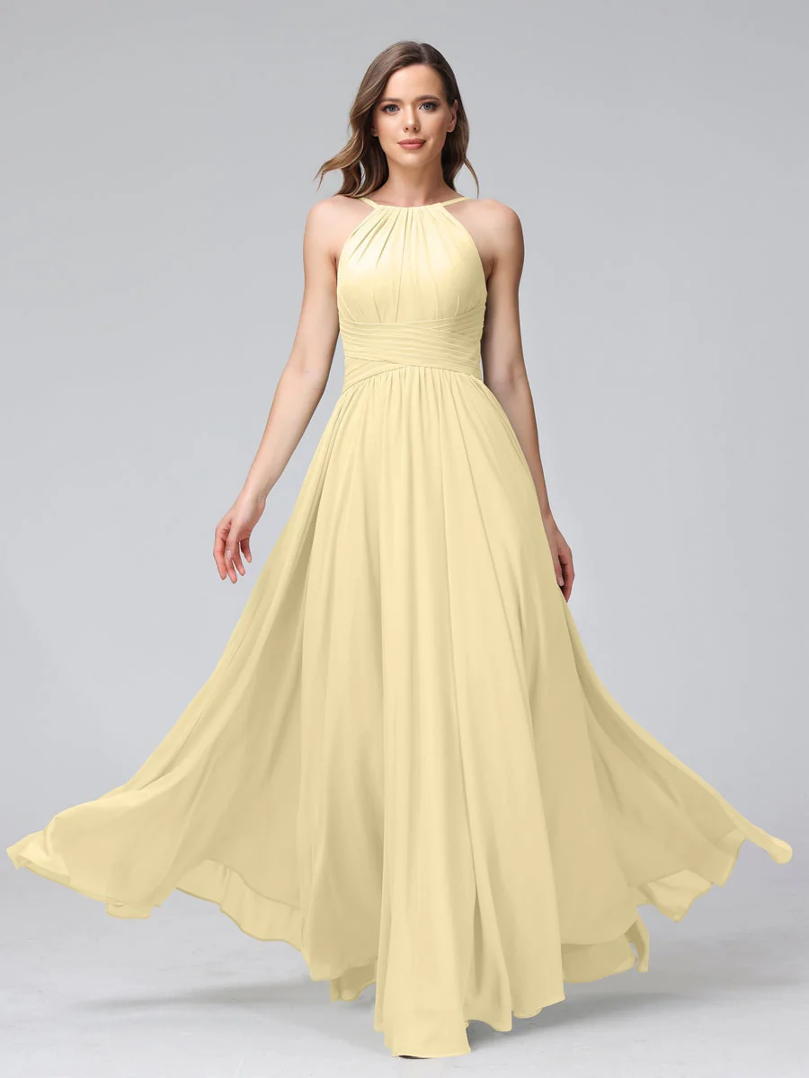 A-Line/Princess Halter Sleeveless Floor-Length Bridemaid Dresses with Ruffles - Image 68