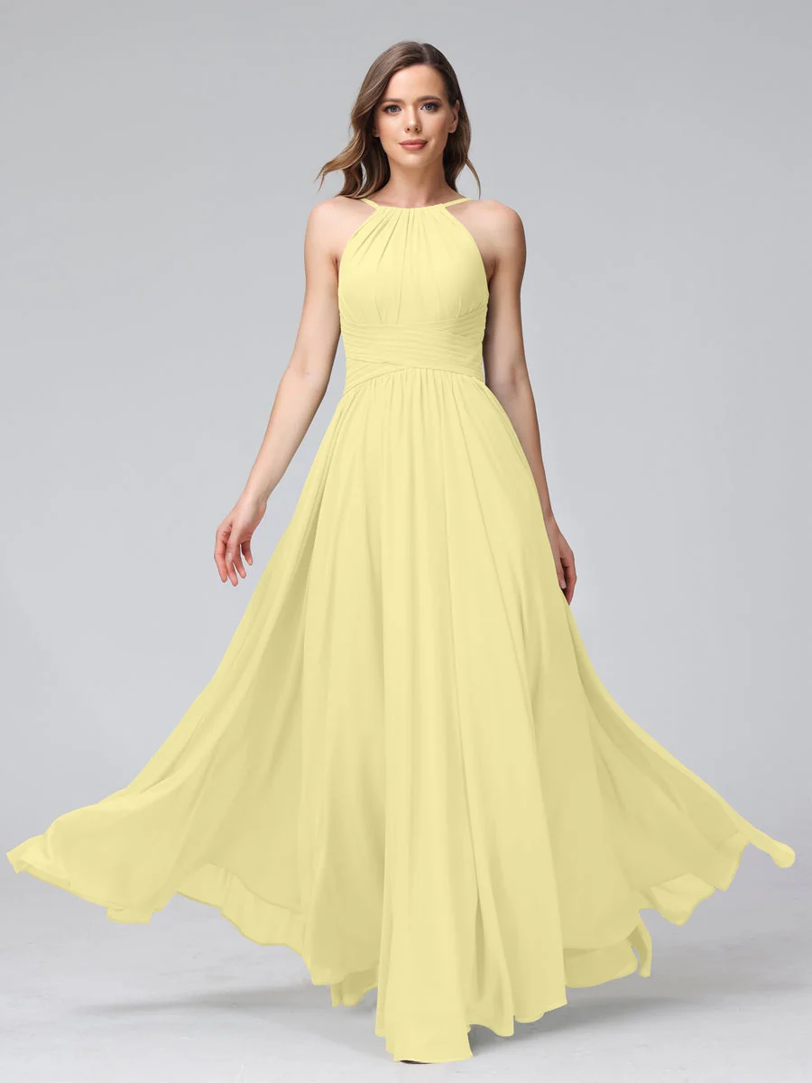A-Line/Princess Halter Sleeveless Floor-Length Bridemaid Dresses with Ruffles - Image 69