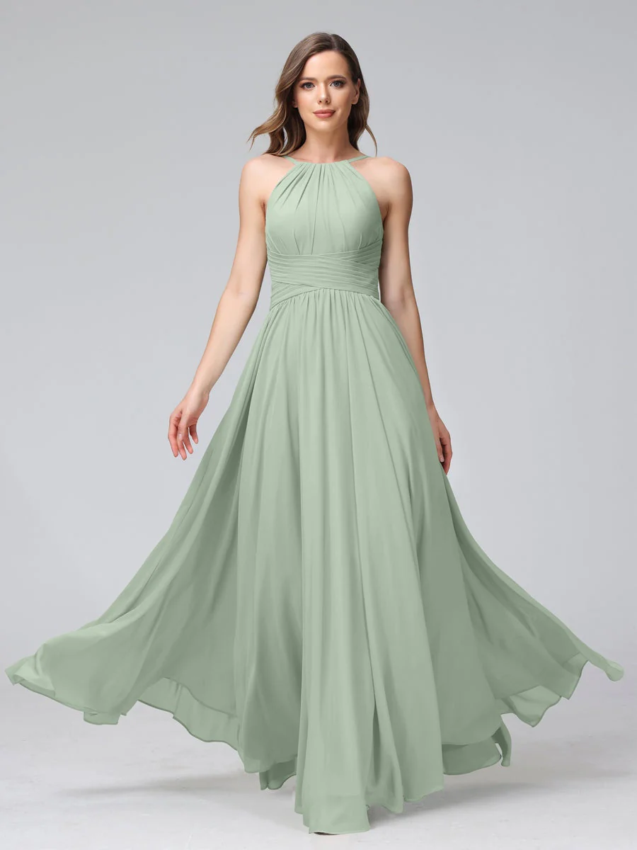 A-Line/Princess Halter Sleeveless Floor-Length Bridemaid Dresses with Ruffles - Image 7