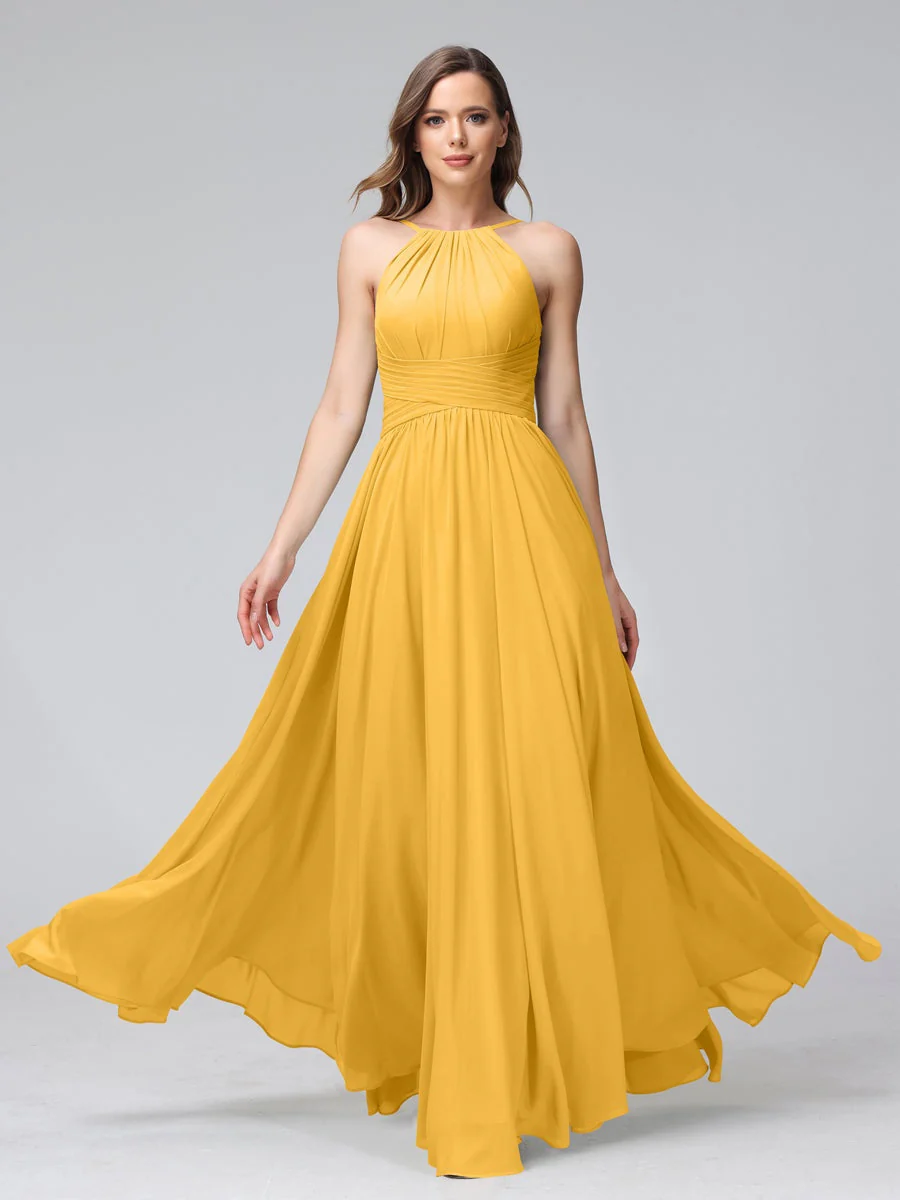 A-Line/Princess Halter Sleeveless Floor-Length Bridemaid Dresses with Ruffles - Image 70