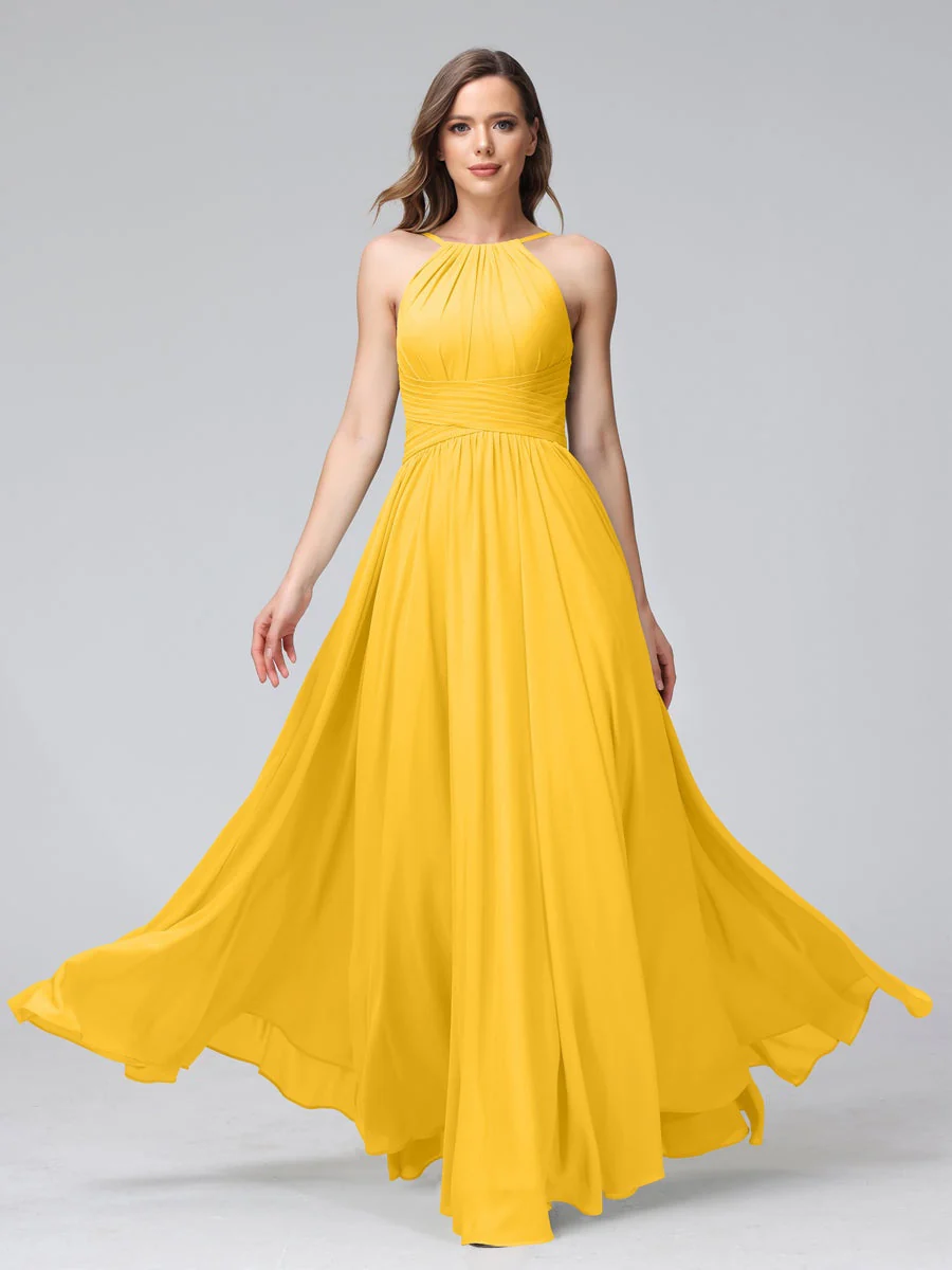 A-Line/Princess Halter Sleeveless Floor-Length Bridemaid Dresses with Ruffles - Image 71