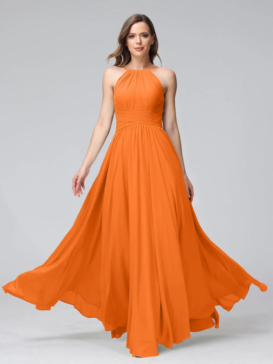 A-Line/Princess Halter Sleeveless Floor-Length Bridemaid Dresses with Ruffles - Image 72
