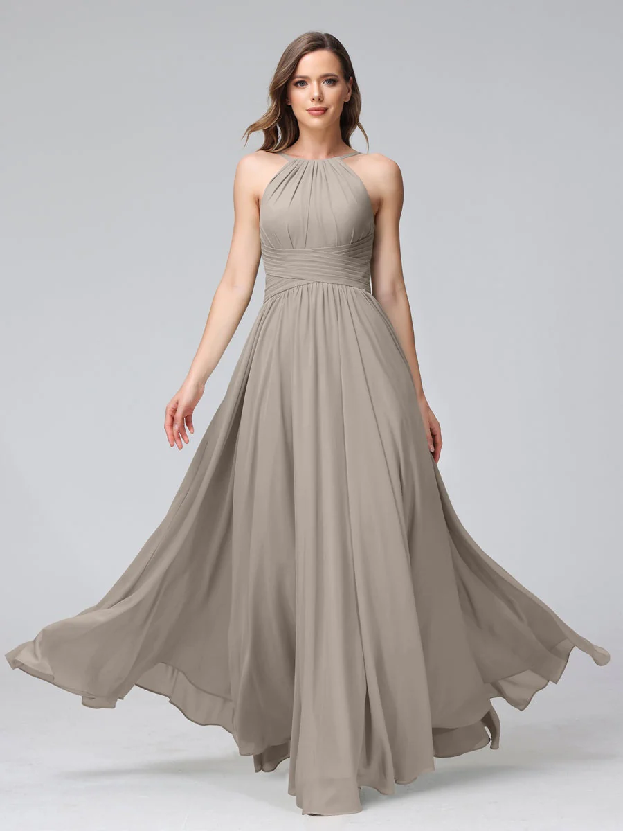 A-Line/Princess Halter Sleeveless Floor-Length Bridemaid Dresses with Ruffles - Image 73