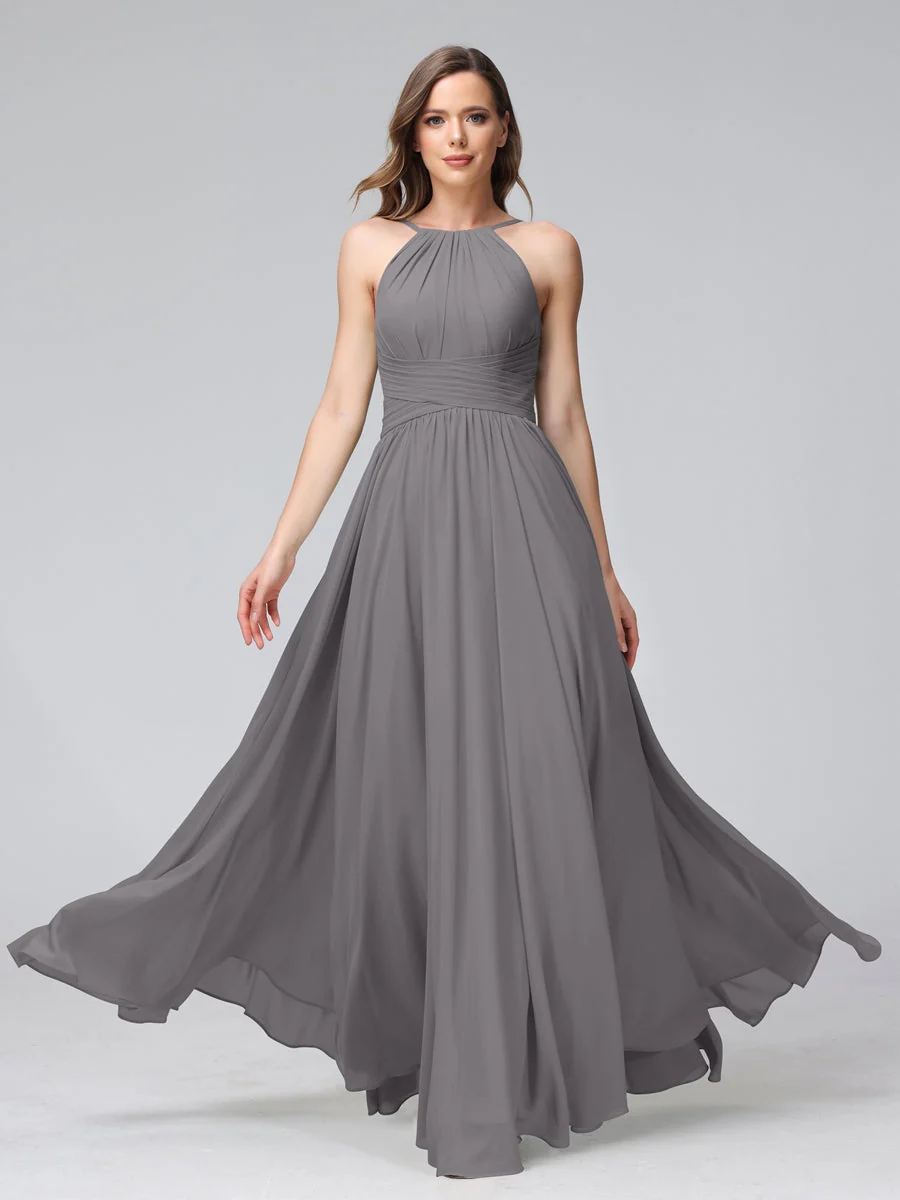 A-Line/Princess Halter Sleeveless Floor-Length Bridemaid Dresses with Ruffles - Image 74