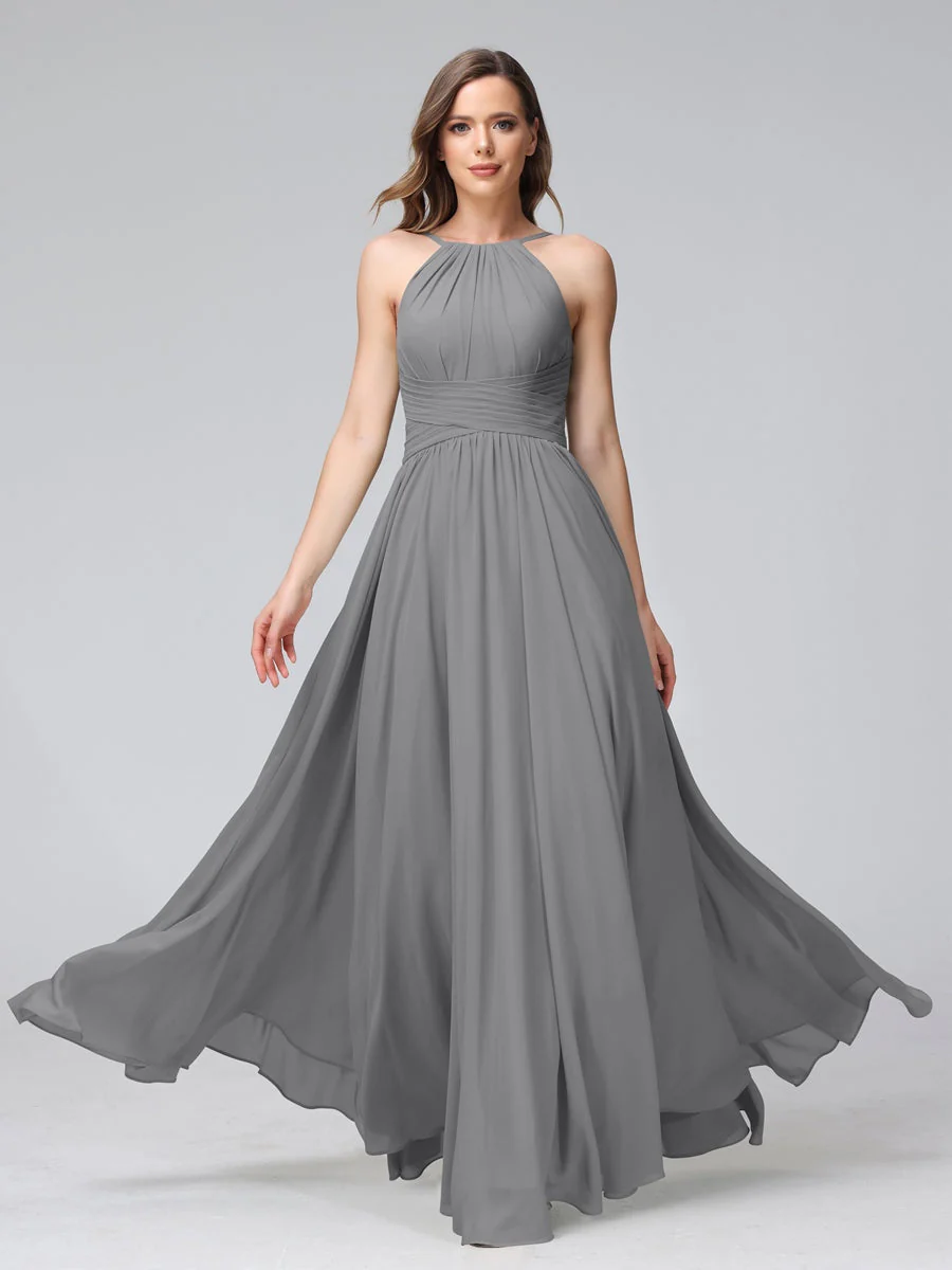 A-Line/Princess Halter Sleeveless Floor-Length Bridemaid Dresses with Ruffles - Image 75