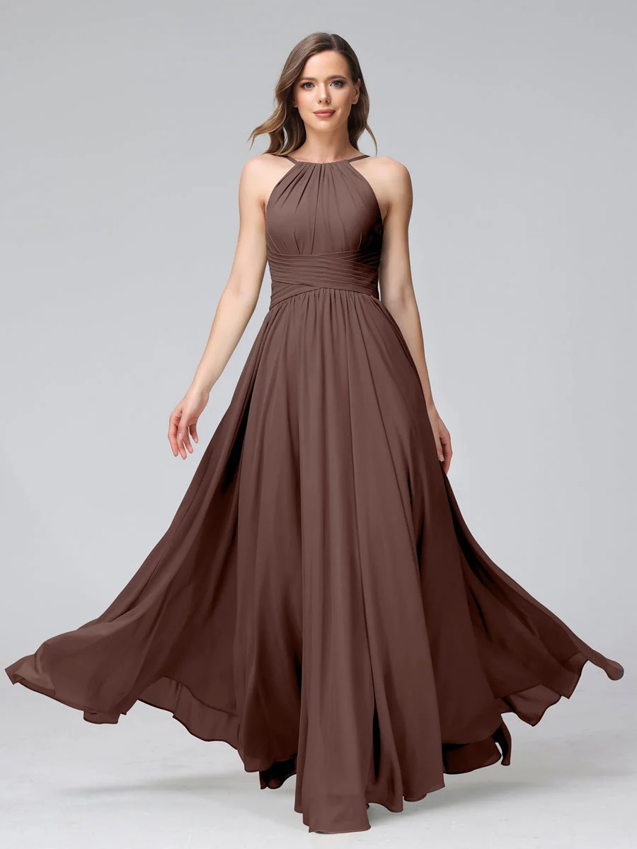 A-Line/Princess Halter Sleeveless Floor-Length Bridemaid Dresses with Ruffles - Image 76