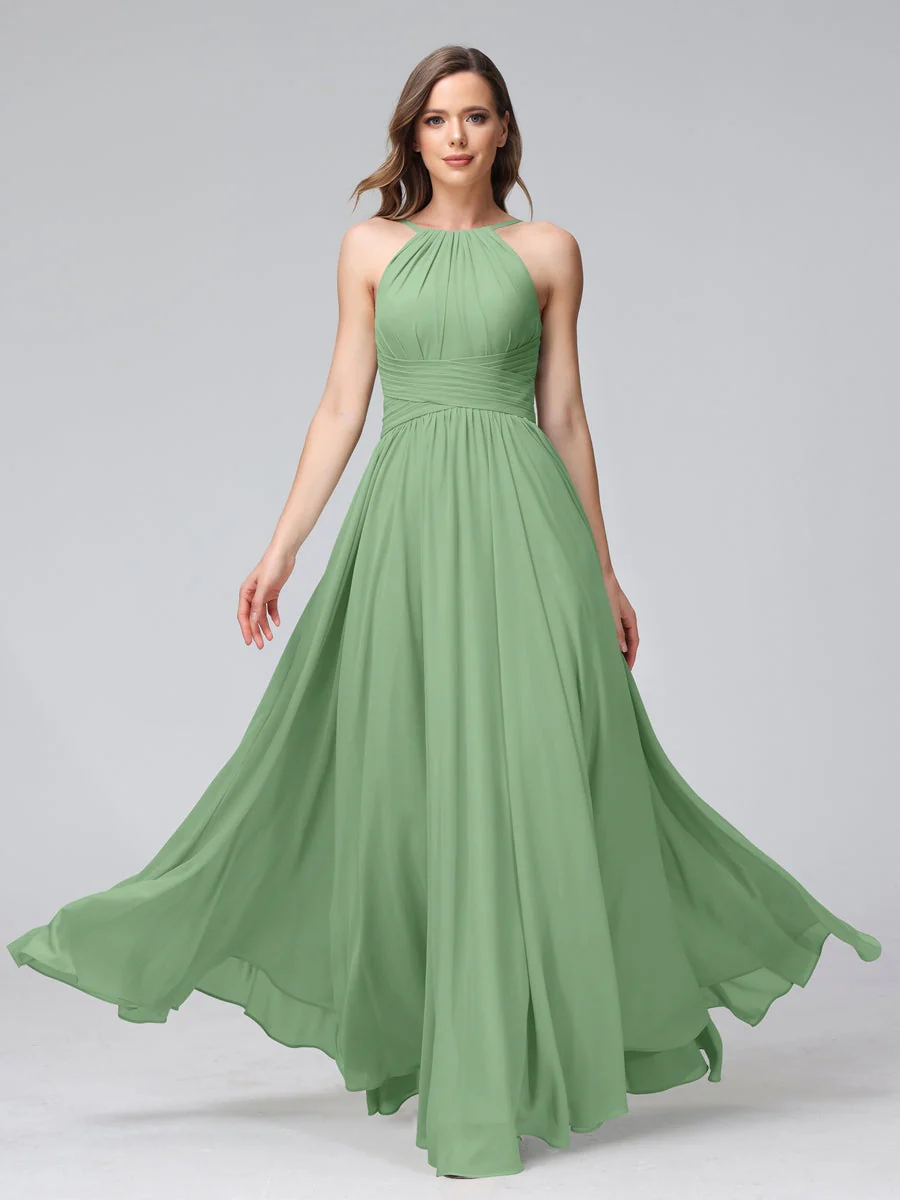 A-Line/Princess Halter Sleeveless Floor-Length Bridemaid Dresses with Ruffles - Image 8