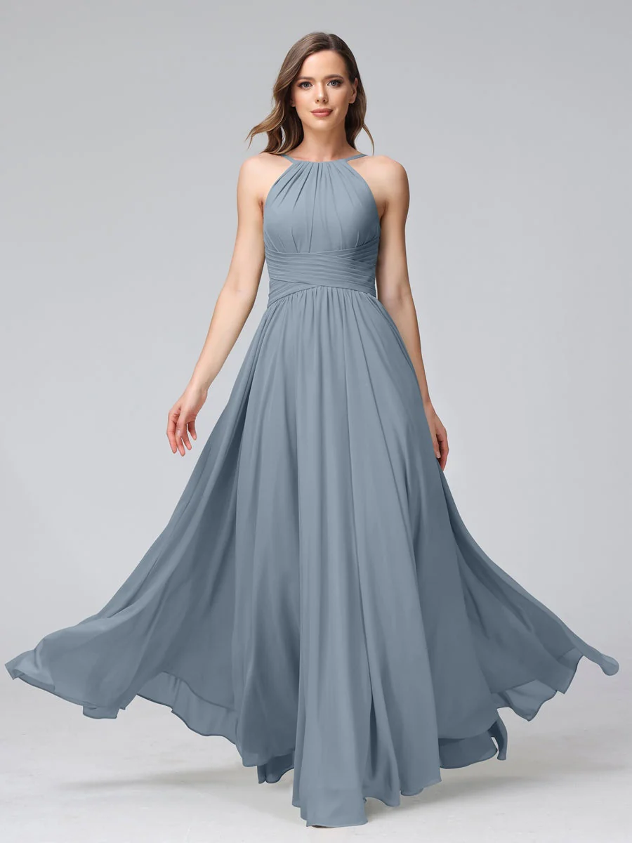 A-Line/Princess Halter Sleeveless Floor-Length Bridemaid Dresses with Ruffles - Image 9