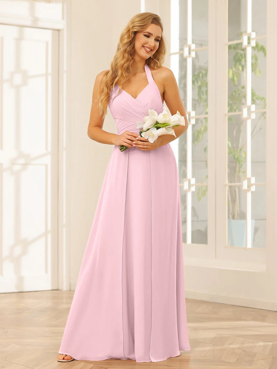 A-Line/Princess Halter Sleeveless Floor-Length Bridesmaid Dresses with Split Side - Image 26