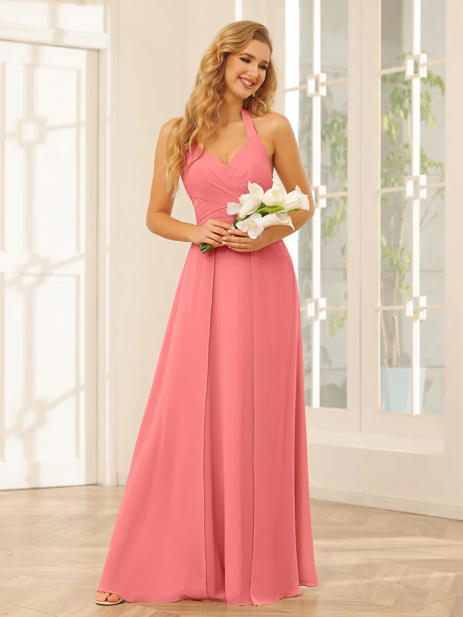 A-Line/Princess Halter Sleeveless Floor-Length Bridesmaid Dresses with Split Side - Image 33