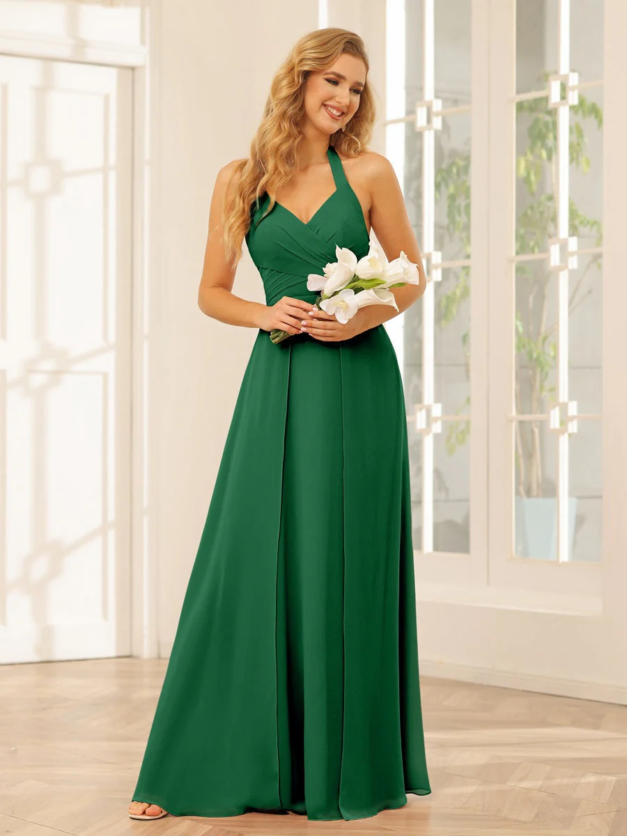 A-Line/Princess Halter Sleeveless Floor-Length Bridesmaid Dresses with Split Side - Image 68