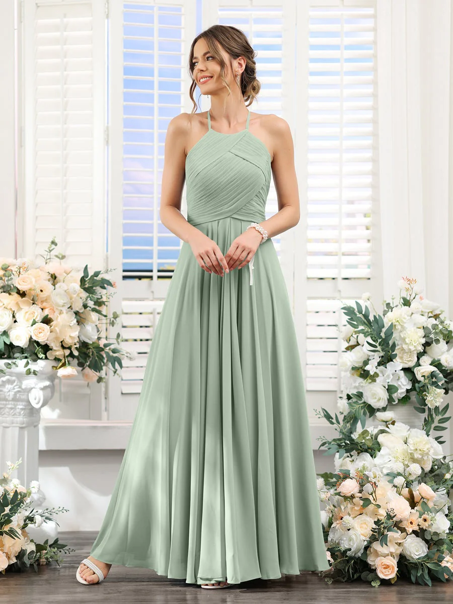 A-Line/Princess Halter Sleeveless Floor-Length Chiffon Bridesmaid Dresses with Ruched - Image 10