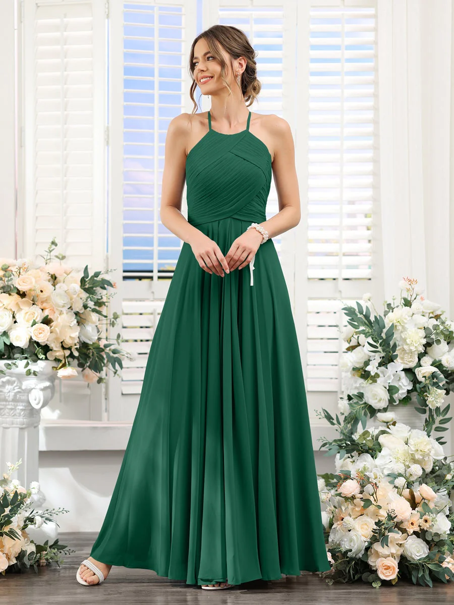 A-Line/Princess Halter Sleeveless Floor-Length Chiffon Bridesmaid Dresses with Ruched - Image 11