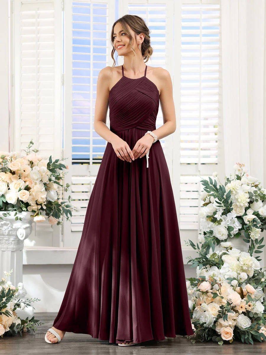 A-Line/Princess Halter Sleeveless Floor-Length Chiffon Bridesmaid Dresses with Ruched - Image 12
