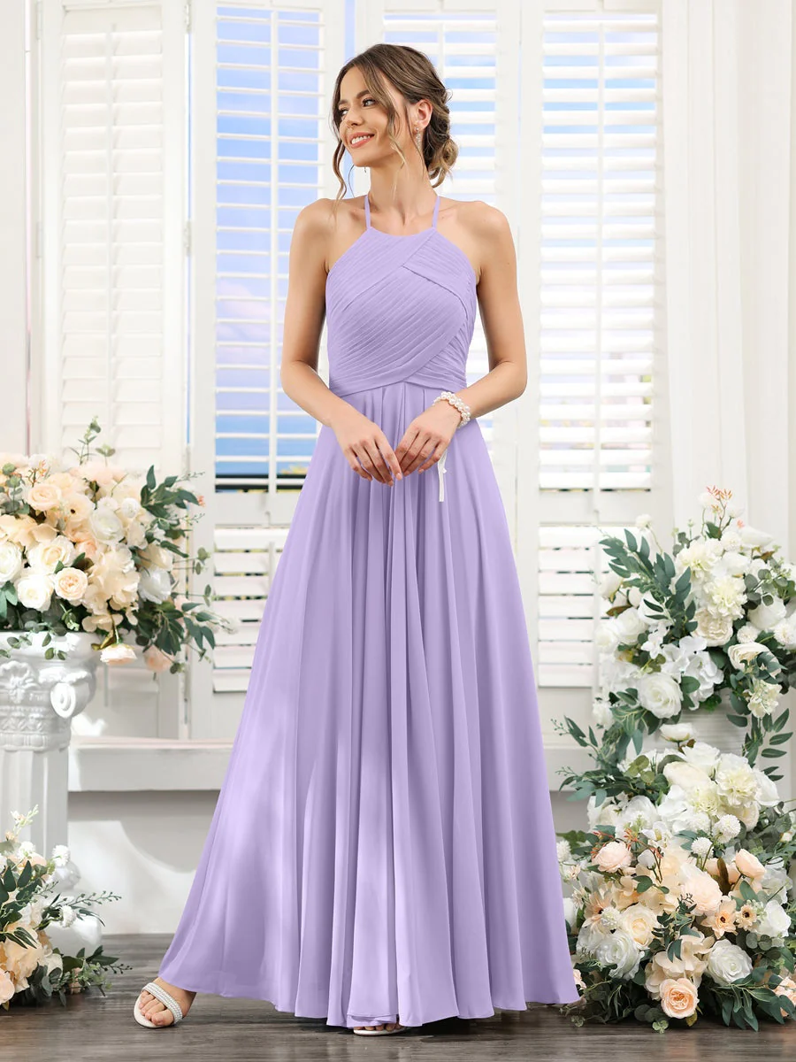A-Line/Princess Halter Sleeveless Floor-Length Chiffon Bridesmaid Dresses with Ruched - Image 14