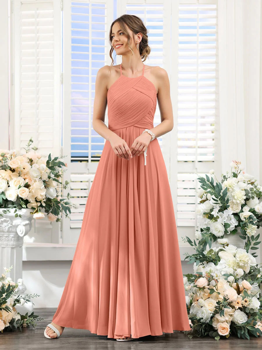 A-Line/Princess Halter Sleeveless Floor-Length Chiffon Bridesmaid Dresses with Ruched - Image 15