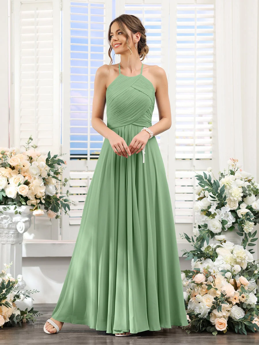 A-Line/Princess Halter Sleeveless Floor-Length Chiffon Bridesmaid Dresses with Ruched - Image 16