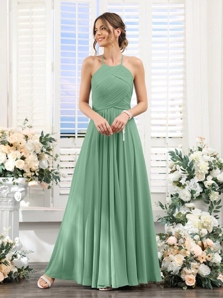 A-Line/Princess Halter Sleeveless Floor-Length Chiffon Bridesmaid Dresses with Ruched - Image 17