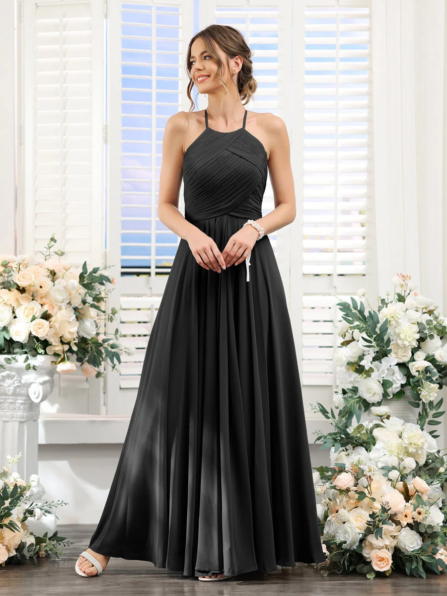 A-Line/Princess Halter Sleeveless Floor-Length Chiffon Bridesmaid Dresses with Ruched - Image 18