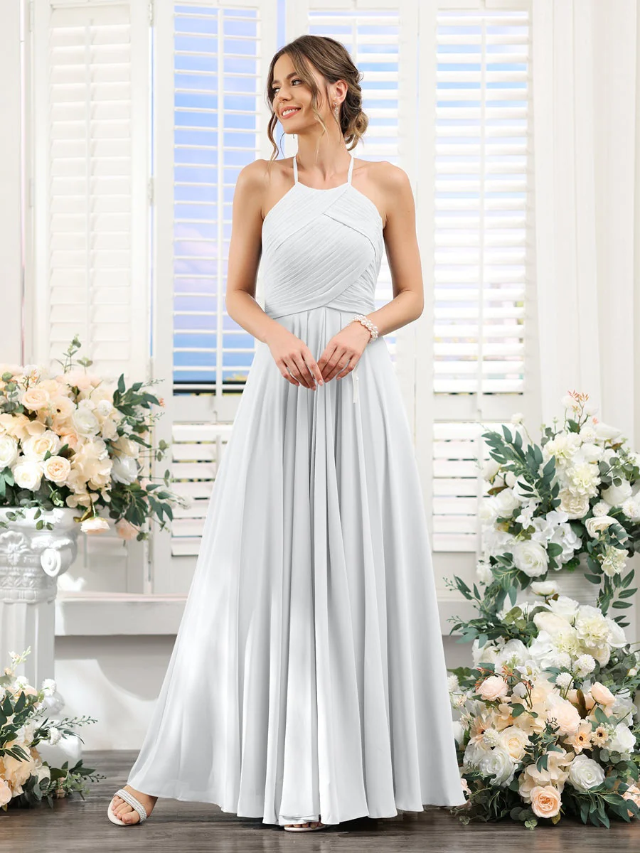 A-Line/Princess Halter Sleeveless Floor-Length Chiffon Bridesmaid Dresses with Ruched - Image 19