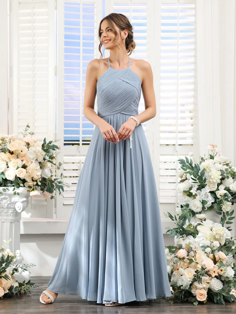 A-Line/Princess Halter Sleeveless Floor-Length Chiffon Bridesmaid Dresses with Ruched - Image 2