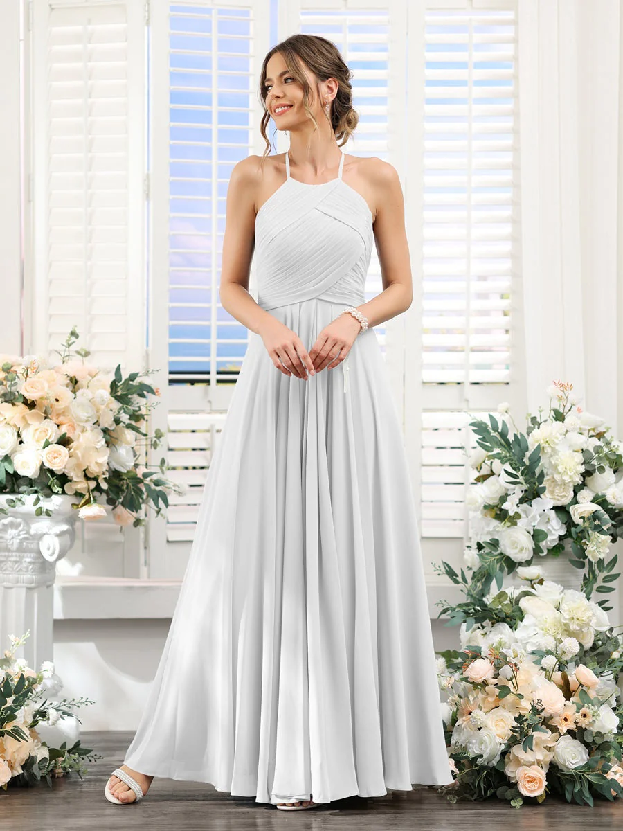 A-Line/Princess Halter Sleeveless Floor-Length Chiffon Bridesmaid Dresses with Ruched - Image 20