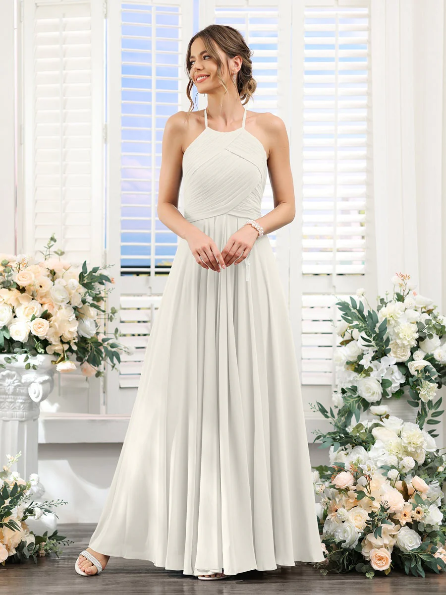 A-Line/Princess Halter Sleeveless Floor-Length Chiffon Bridesmaid Dresses with Ruched - Image 21