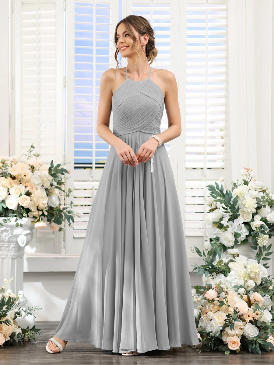 A-Line/Princess Halter Sleeveless Floor-Length Chiffon Bridesmaid Dresses with Ruched - Image 22