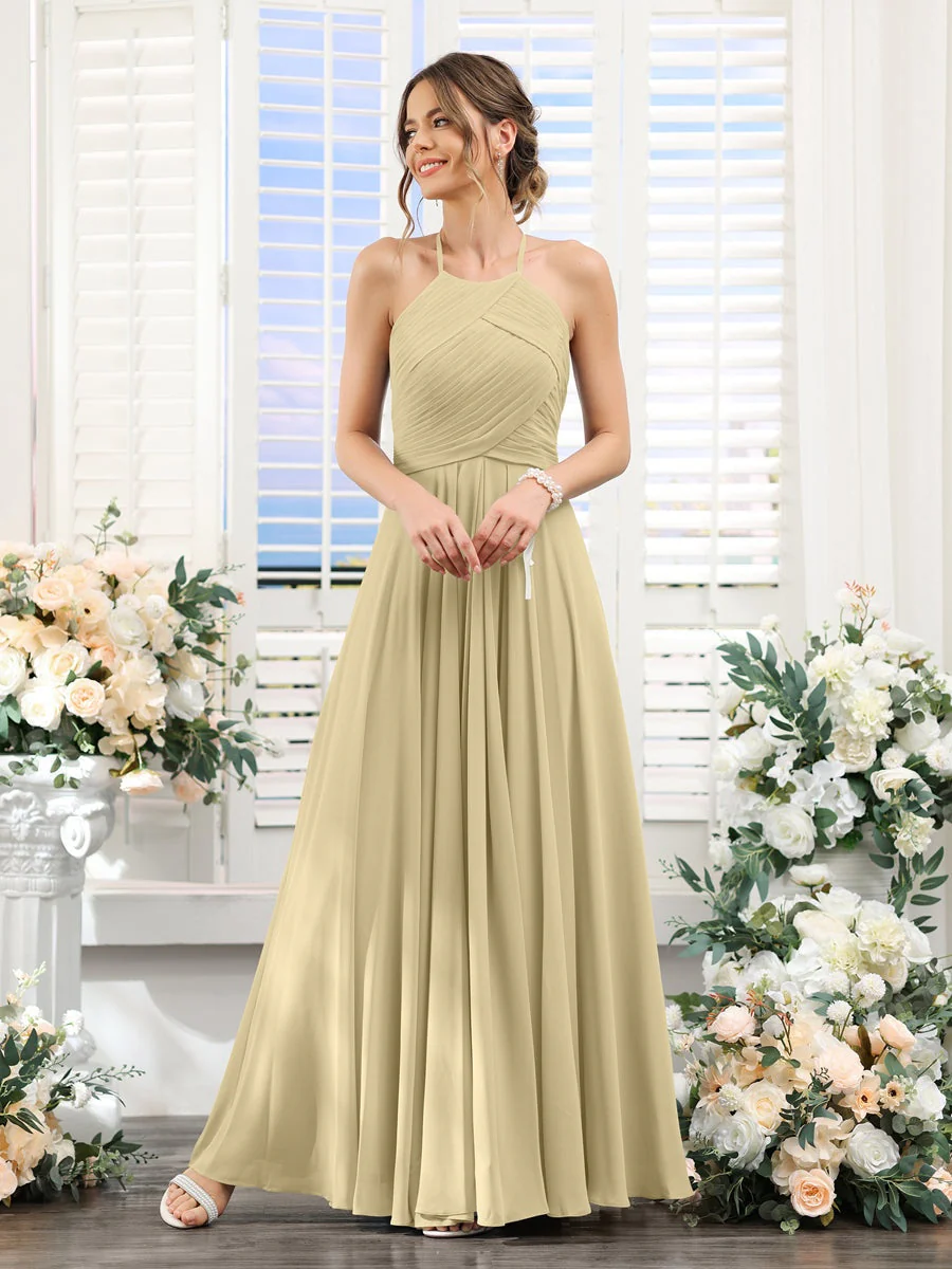 A-Line/Princess Halter Sleeveless Floor-Length Chiffon Bridesmaid Dresses with Ruched - Image 24