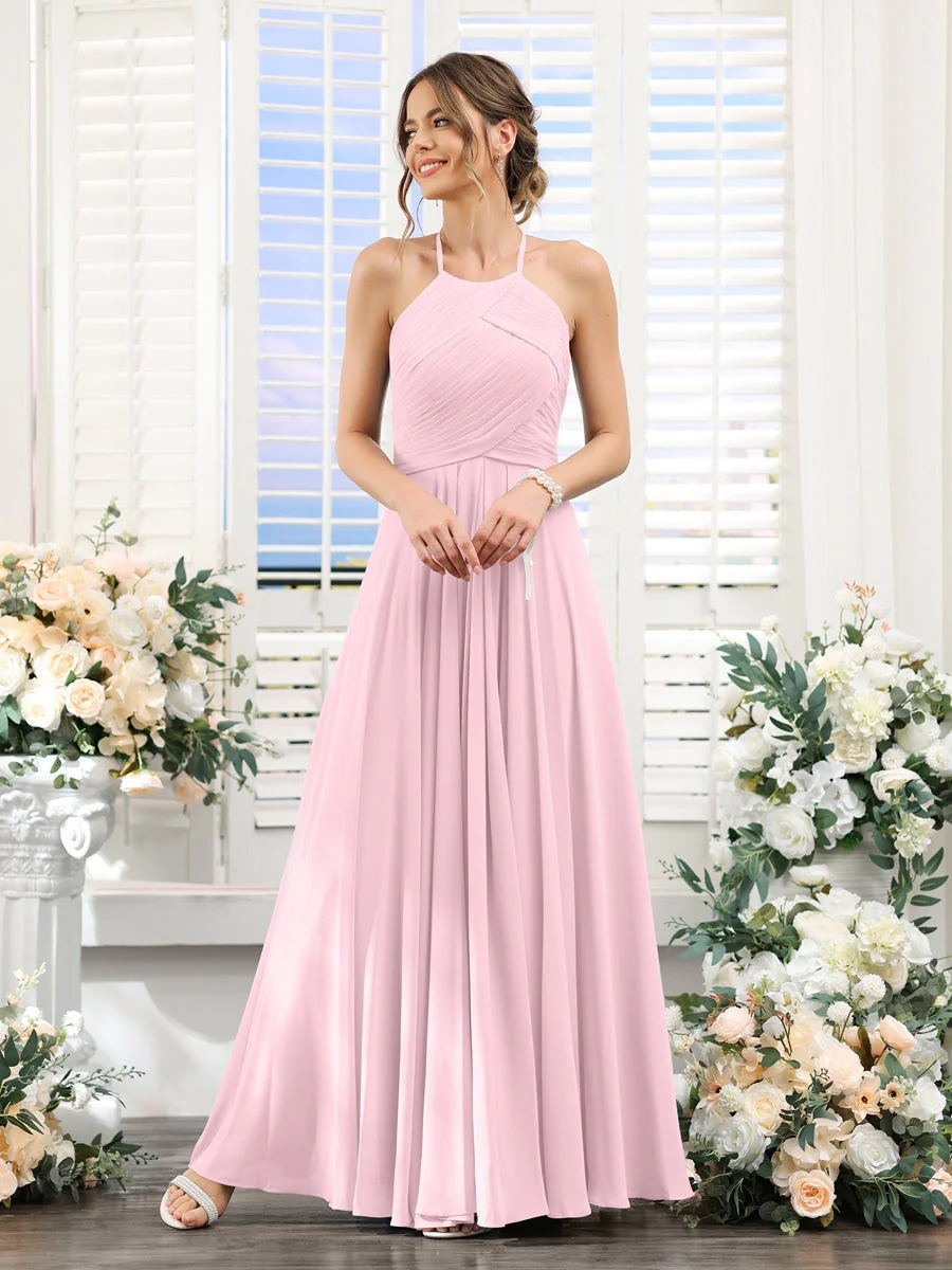 A-Line/Princess Halter Sleeveless Floor-Length Chiffon Bridesmaid Dresses with Ruched - Image 25