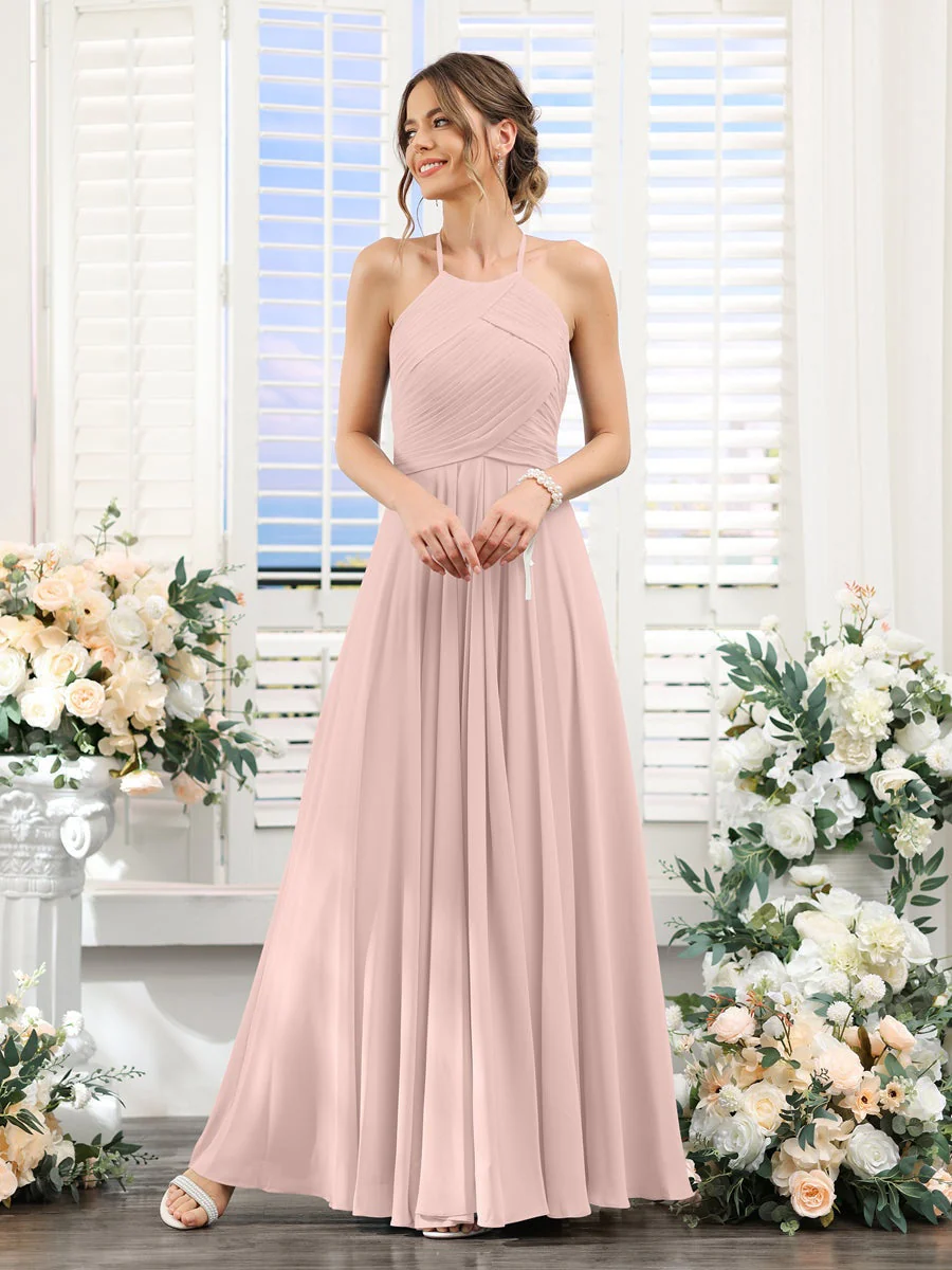 A-Line/Princess Halter Sleeveless Floor-Length Chiffon Bridesmaid Dresses with Ruched - Image 26