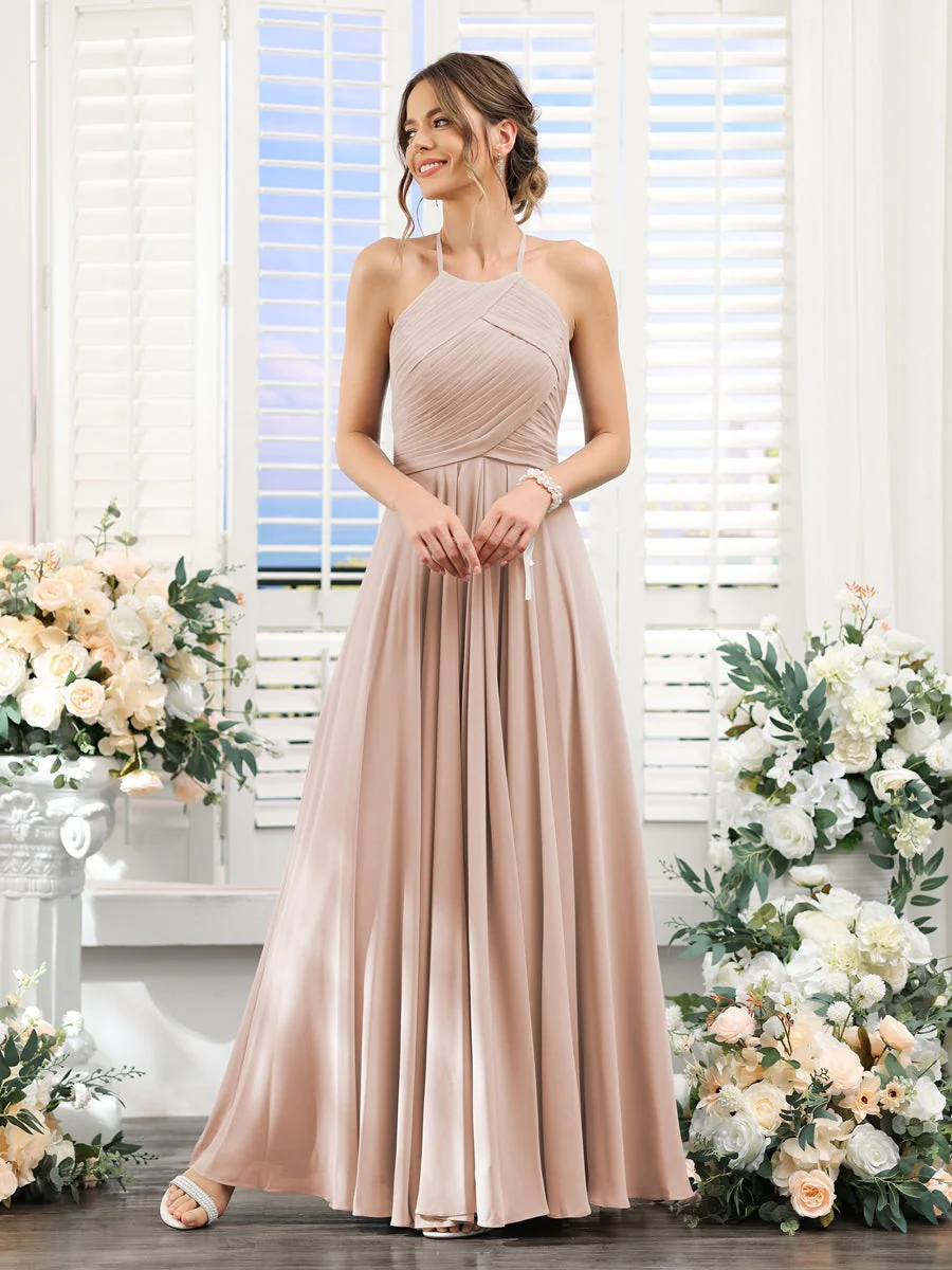 A-Line/Princess Halter Sleeveless Floor-Length Chiffon Bridesmaid Dresses with Ruched - Image 28