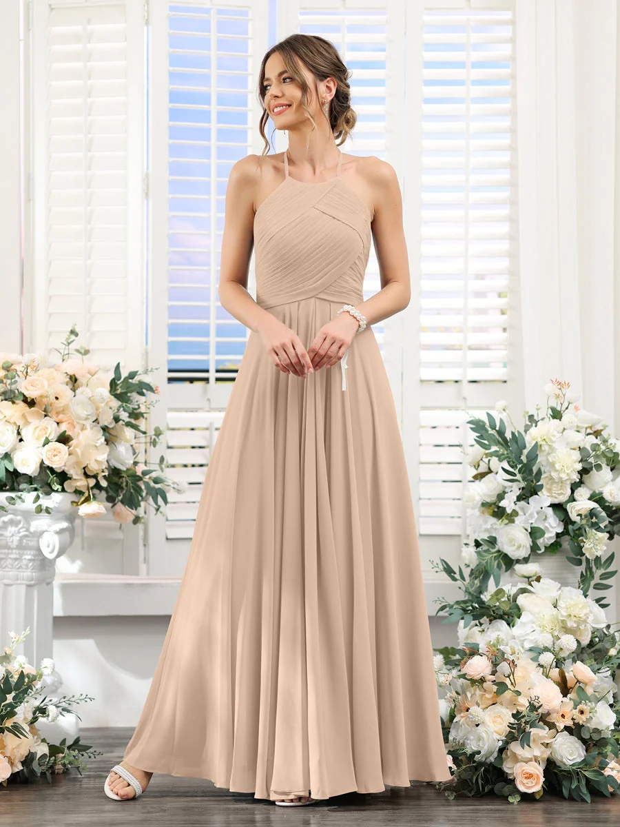 A-Line/Princess Halter Sleeveless Floor-Length Chiffon Bridesmaid Dresses with Ruched - Image 29